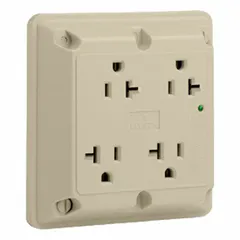 General-purpose quad receptacle rated 125V AC, 20 A, 2-pole/3-wire with NEMA 5-20 configuration. Ivory finish. Accepts 5-20 plugs. Suitable for powering multiple devices in commercial and industrial settings such as workstations, labs, and light manufacturing areas.