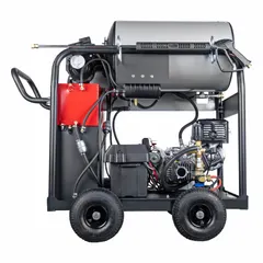 This SIMPSON hot water pressure washer delivers 4000 psi at 4 gpm and is mounted on a cart for mobility. Powered by a Honda engine and diesel fuel system, it is rated for 10 hours of use per week. Suitable for heavy-duty cleaning of equipment, vehicles, and industrial surfaces.