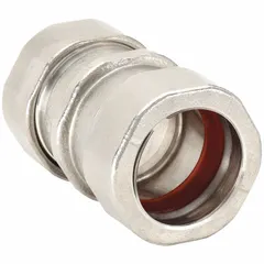This compression conduit coupling connects two lengths of EMT conduit, forming a rigid, watertight joint. Made of 316 stainless steel with a polished finish, it resists corrosion in harsh environments. Suitable for use in industrial, commercial, and marine applications where a secure, grounded connection is required. UL listed.