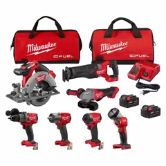 This 18 V DC cordless tool combo kit includes seven M18 and M18 FUEL tools, with a battery included. The set features a reciprocating saw for cutting wood, metal, and drywall. Suitable for construction, remodeling, and maintenance tasks requiring job-site portability.