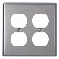 General-purpose wall plate for covering duplex outlets. Constructed of stainless steel for corrosion resistance. Suitable for use in industrial and commercial environments where a durable finish is required.