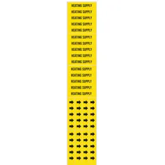 Yellow adhesive pipe marker with black legend reading 'Heating Supply' for identifying heating supply lines. Fits pipe outer diameters of 3/4 inch and smaller. Pack of 3 markers without arrows. Suitable for indoor pipe marking in industrial and commercial facilities.