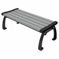 This outdoor bench from the Heritage series features a gray plank surface seat and black frame. Constructed of vandal-resistant resinwood, it is suited for public parks, campuses, and commercial spaces requiring durable, low-maintenance seating. Overall length is 48 inches and overall height is 17 inches