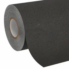 Solid black rubber continuous roll tape with pressure-sensitive, chemical-resistant adhesive. Designed for wet and barefoot traffic in indoor and outdoor environments. Meets ASTM specifications. Suitable for pool decks, locker rooms, and marine applications where a non-abrasive grip is needed.