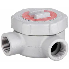 Iron L-shaped conduit outlet body with threaded female hubs for use with threaded IMC. Triple coat epoxy finish. Includes cover and gasket. Rated for hazardous locations: UL Listed Class I, Division 1 and 2, Groups B, C, D; Class II, Division 1 and 2, Groups E, F, G; Class III. 1 in trade size, 19 cu in capacity.
