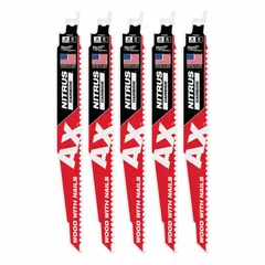 This 5-pack of reciprocating saw blades is designed for cutting nail-embedded wood in demolition and renovation applications. Each blade is 9 inches long, 0.05 inches thick, with 5 teeth per inch and a tapered geometry for rigid straight cuts.