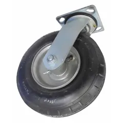 This swivel caster is a replacement component for platform trucks and industrial carts. It features a rubber tread on a steel core with a zinc finish, supporting a 400 lb load capacity. Overall dimensions are 9 inches in length and 2.5 inches in width. Suitable for material handling equipment in warehouses and factories.