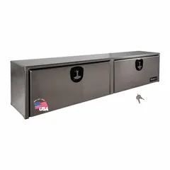 This topside box features double drop-down doors and a keyed lock for secure storage. With a 72-inch overall width, it is designed for mounting in pickup truck beds to organize and protect tools and equipment during transport or on job sites.