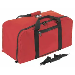 Red nylon duffel bag measuring 30 in L x 15 in W x 15 in D with zipper closure. Features a removable and adjustable shoulder strap for transporting heavy gear. Suitable for medical and emergency response storage and transport.