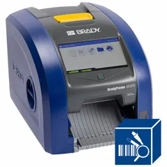 This single-color desktop printer operates as a PC-connected or standalone unit with Ethernet and USB connectivity. It includes the Brady Workstation Product and Wire ID Software Suite and a USB cable, enabling on-demand label creation for cable and wire identification, panel marking, and component labeling in industrial settings.