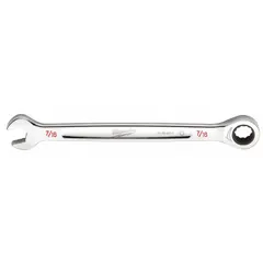 This SAE 12-point ratcheting combination wrench is made of chrome vanadium steel with a chrome finish. The 7/16 in head size is standard length. It is used for manual fastening and loosening of fasteners in automotive repair, equipment maintenance, and general assembly.
