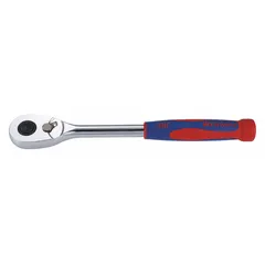 This standard-head ratchet features a reversible design and a chrome finish. With a 4.3° minimum arc swing and 6 3/4-inch overall length, it is suited for tightening or loosening fasteners in confined spaces during general assembly and maintenance tasks.