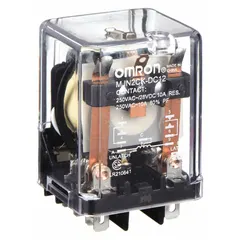 Socket-mounted latching relay with square base and round pins for plug-in mounting. DPDT contact configuration rated at 10 A and 12V DC coil. Features 9 terminals and C socket type. Used in industrial control panels, automation systems, and HVAC equipment where maintaining contact position without continuous coil power is required.