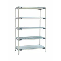 This stationary shelving unit features a 304 stainless steel frame and five polymer shelves with antimicrobial properties. The 74-inch overall height suits storage in environments where hygiene and corrosion resistance are required. Typical applications include healthcare, food processing, and laboratory settings.