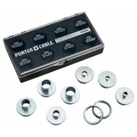This 10-piece router template guide kit is designed for use with routers having a standard 1-3/16 in diameter center hole. The guides enable precise pattern and template following for joinery, inlay, and flush-trimming applications in woodworking