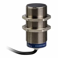 Shielded inductive cylindrical proximity sensor with normally open (NO) output and non-terminated cable. Accepts 24-240V AC or DC supply voltage. Used for non-contact detection of metal objects in industrial automation, such as position sensing and part presence detection.