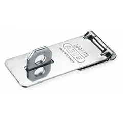 Steel double-hinged hasp for securing doors, cabinets, and enclosures. Accepts padlocks to prevent unauthorized access. Height 1 3/4 in, length 4 1/2 in, width 1 7/8 in.