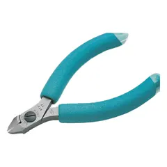 ESD-safe flush-cut diagonal-cutting pliers with oval head and deluxe cushion grip. Jaw length 3/8 in, jaw width 3/8 in, overall length 4 1/2 in. Spring return for repeated use. Suitable for precision cutting of component leads and wires in electronic assembly and repair.