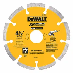 This 4-1/2 inch diameter diamond saw blade is designed for dry cutting of masonry materials such as brick, block, and concrete. It features a 5/8 inch arbor and is intended for use with angle grinders in construction and renovation applications.