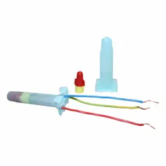 This enclosure splice kit includes a twist-on wire connector and a tube of moisture-resistant grease sealant for creating sealed electrical splices. Rated for 600 V maximum, it is suitable for direct burial applications. The kit is used for splicing wires in junction boxes or outdoor enclosures where moisture protection is required.