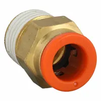 This brass push-to-connect fitting connects 5/16 in OD tubing to a 1/4 in BSPT threaded port. It is used in pneumatic systems for air lines, actuators, and valves, providing a secure, no-tool connection. The fitting is made of brass and polybutylene