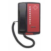 Wall-mountable black plastic hospitality phone for indoor use. Features a data port and volume control. Offers 0, 3, 5, or 10 programmable guest service keys. Does not include speakerphone, voicemail, call waiting, or caller ID