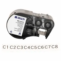 Thermal transfer continuous label roll cartridge integrating label and ribbon for streamlined loading. White matte outdoor polypropylene material. Designed for use with Brady M510 printer series. Suitable for on-demand printing of durable labels for asset identification, pipe marking, and signage requiring weather resistance.