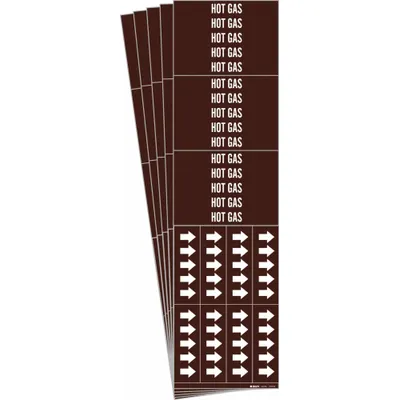 BRADY Pipe Marker: Hot Gas, Brown, White, Fits 3/4 in and Smaller Pipe O.D., 3 Pipe Markers - Hot Gas Adhesive Pipe Markers