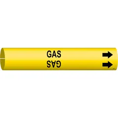 Yellow pipe marker with black 'Gas' legend and directional arrows. Fits pipe outer diameters of 4 to 6 inches. Snap-on design for secure attachment to gas piping systems in industrial facilities.