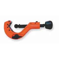 This enclosed feed standard wheel cutter is designed for cutting copper tubing with outer diameters from 1/4 in to 2-1/2 in. It is used in plumbing, HVAC, and refrigeration applications to produce clean, square cuts on soft or hard copper lines.