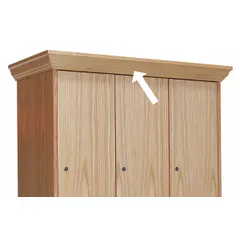 Front crown molding for solid wood wardrobe lockers. Made of furniture-grade plywood with Red Oak veneer. Designed for lockers with 12-inch width and depth. Provides a finished trim edge for locker installations.