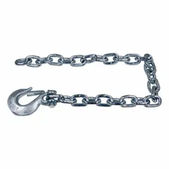 This heavy-duty safety chain is constructed from carbon steel with a zinc-plated finish. It features a slip hook attachment and a 2 3/64 in overall width. Used for load restraint and securing equipment during transport or industrial lifting.