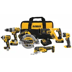 This 6-tool combination kit operates on a 20 V DC platform with 20V MAX* XR® battery technology. It includes an impact driver, drill/driver, reciprocating saw, circular saw, work light, and oscillating multi-tool. Suitable for drilling, driving, fastening, and cutting in construction, renovation, and maintenance tasks.