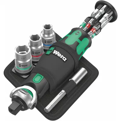 WERA Compact Ratchet: Hex/Phillips/Square/Torx Tip, 4 Tips, 140 mm Overall Lg - Combination Multi-Bit Screw & Nut Drivers