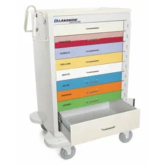 Steel medical procedure cart with a gray cabinet and nine drawers in varied colors. Equipped with two swivel casters and two swivel casters with brakes for maneuverability and stability. Suitable for organizing and transporting medical supplies and instruments in clinical environments.