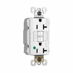 This hospital-grade duplex receptacle provides ground-fault circuit interruption at 125V AC and 20 A with a 5-20R configuration. The white GFCI unit is suited for commercial and healthcare environments where personnel safety and equipment protection are required.