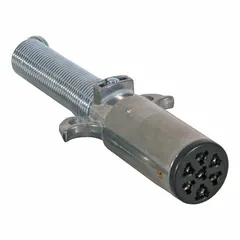 This 7-way trailer connector is constructed from steel and includes a built-in safety latch. It is used to connect lighting and auxiliary power between towing vehicles and trailers in fleet and vehicle maintenance operations.