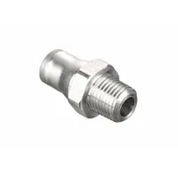 This stainless steel push-to-connect fitting connects 10 mm OD tubing to a 1/4" BSPT threaded port. It is used in pneumatic and fluid systems for secure, leak-resistant joints. The silver finish resists corrosion in industrial environments