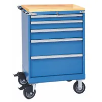 Steel cabinet with powder-coated bright blue finish, mounted on casters with two rigid casters. Includes five drawers: two with 3 in inside height, 24 in x 18 in dimensions, each containing four compartments and adjustable dividers. Features tubular drawer handles and a butcher block work surface. Suitable for organized storage of tools, parts, and components in industrial workshops and maintenance areas