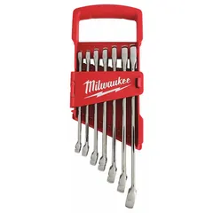 This 7-piece SAE 12-point combination wrench set includes sizes from 3/8 in to 3/4 in. The wrenches are made of alloy steel with a chrome finish for corrosion resistance. Suitable for tightening and loosening fasteners in mechanical assembly and maintenance tasks. Comes with a carrier for organization.