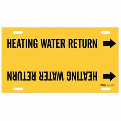 Yellow strap-on pipe marker with black legend 'Heating Water Return' and directional arrows. Fits pipe outer diameters of 10 to 15 inches. Used to identify heating water return lines in piping systems.