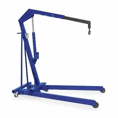 This WESTWARD engine crane has a 1-ton load capacity and a single boom position. The steel frame is finished in blue, and the lifting actuator is mechanical. It is used for lifting and positioning engines, transmissions, and other heavy machinery in automotive repair and industrial maintenance settings.