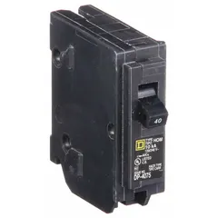 Single-pole, plug-in miniature circuit breaker rated 40 A at 120V AC with a maximum interrupting rating of 10 kA. Designed for overload and short-circuit protection in Homeline load centers. Suitable for residential and light commercial branch circuit applications.