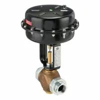 Bronze pneumatic globe valve with 1 1/2 in FNPT x FNPT connections. Features a stainless steel disc and air-to-spring actuator for fail-safe positioning. Used for modulating flow in industrial piping systems handling steam, water, or gas