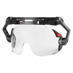 Clip-on eye visor for hard hats with clear polycarbonate lens and frame. Features anti-fog and scratch-resistant coating. Suitable for construction, manufacturing, and maintenance tasks requiring eye protection from debris and impact.