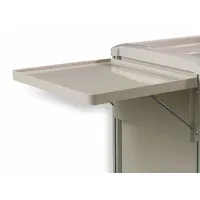 Steel side-mount shelf for medical carts, with taupe powder-coated finish. Includes mounting hardware. Overall dimensions: 18 in width, 15 in depth. Adds storage surface to cart side for organizing supplies