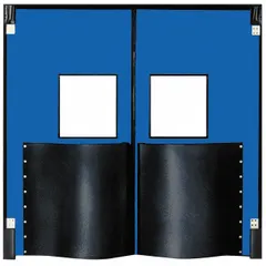 Blue polyethylene insulated swinging door with two doors, each 6 ft wide by 8 ft high. Includes a polycarbonate window, door seals, bumpers, and mounting hardware. Meets NSF standards. Suitable for cold storage, food processing, and industrial facilities requiring temperature control and sanitation.