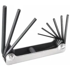This folding hex key set includes five SAE standard short hex keys in a folding holder with a satin finish. Designed for turning hex-head fasteners in confined spaces where full-length wrenches cannot be used. The set is not tether capable.