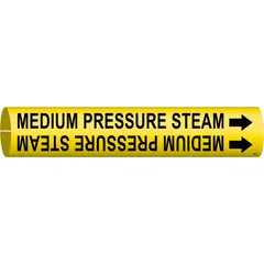 Yellow snap-on pipe marker with black legend reading 'Medium Pressure Steam' and directional arrows. Fits pipe outer diameters of 4 to 6 inches. Used for identifying medium pressure steam piping in industrial facilities.