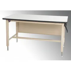 This open-base workstation features a beige laminate top measuring 72 inches by 30 inches. It supports an overall load capacity of 750 pounds. Suitable for industrial assembly, inspection, and packaging stations in manufacturing and warehouse environments.